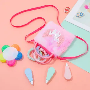 Cute pink plush unicorn crossbody bag for girls with colorful hair scrunchies gift set