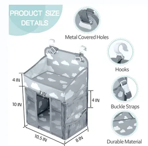 Detail view of baby diaper caddy showing adjustable straps, hooks and dimensions