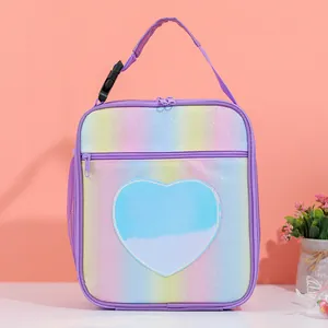 Bolsa de almuerzo arcoíris brillante con parche de corazón y correas moradas
