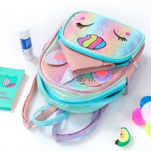 Detail of laser unicorn backpack showing holographic TPU material and matching wallet
