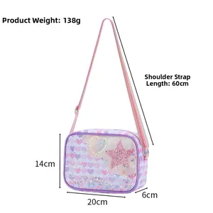Detail view of purple unicorn bag showing dimensions and colorful glitter star textures
