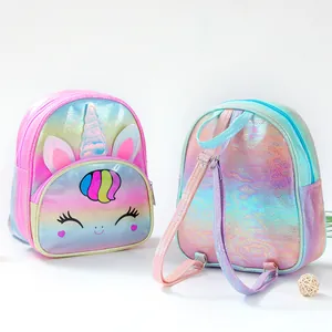 Front and back views of unicorn rainbow holographic backpack for girls with 3D horn and ears