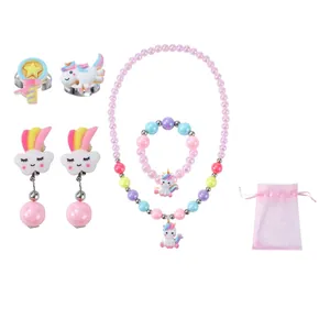 Einhorn Perlen Schmuckset mit Kette Armband und Wolken Ohrringen für kleine Mädchen