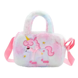 Plüsch Einhorn Umhängetasche mit buntem Kunstpelz und rosa Schleife für kleine Mädchen