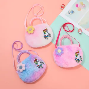 Cute colorful plush unicorn crossbody bags for kids with sequins and 3D flower accents