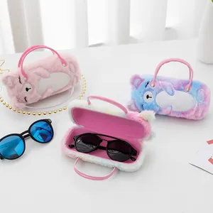 Cute plush bear glasses cases with portable handles in colorful gradient faux fur styles