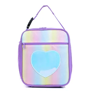 Bolsa de almuerzo brillante arcoíris con parche de corazón azul y asa ajustable