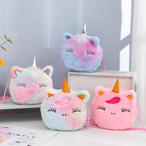 Plush unicorn crossbody bags for kids with rainbow gradient fur and glitter horns