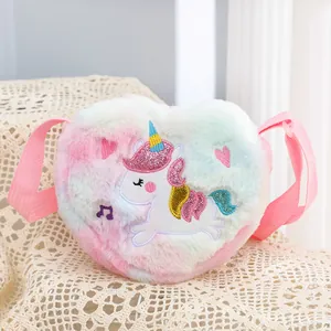 Borsa a tracolla a cuore per bambini in morbido peluche con unicorno e sfumature