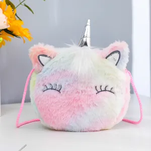 Plush unicorn crossbody bag with macaron gradient faux fur and silver horn for kids