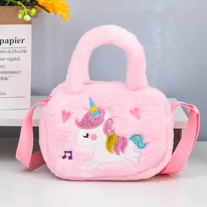 Sac à main licorne en peluche rose pour filles avec fausse fourrure et corne brillante