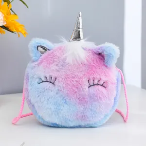 Cute unicorn plush crossbody bag with colorful rainbow faux fur and silver horn detail