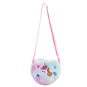 Borsa a tracolla unicorno in peluche a forma di cuore con gradiente arcobaleno colorato