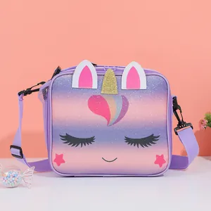 Bolsa térmica unicornio con purpurina arcoíris y degradado violeta con correa