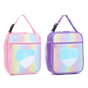 Bolsa de almuerzo brillante arcoíris con ventana de corazón, hebilla y bolsillo de red