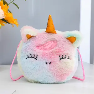 Cute Plush Unicorn Crossbody Bag For Kids Girls Rainbow Gradient Furry Mini Shoulder Bag Round Coin Purse Birthday Gift