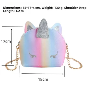 Detailed size specifications for glitter rainbow unicorn heart-shaped crossbody child bag