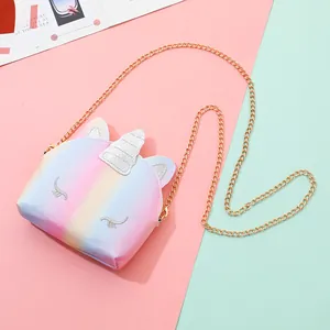Rainbow Gradient Glitter Unicorn Crossbody Bag For Girls Cute Cartoon Shoulder Bag With Gold Chain Strap Kids Fashion Bag
