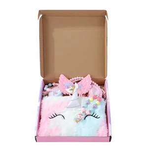 Coffret cadeau licorne pour enfants avec sac peluche, collier et pince à cheveux rose