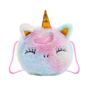 Plush unicorn crossbody bag for kids with rainbow gradient fur and golden horn detail