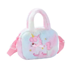 Plush unicorn crossbody bag for girls with pastel gradient fur and beaded jewelry set