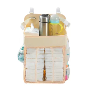 Detail view of large capacity diaper organizer with side mesh pockets and adjustable straps