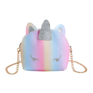Glitter unicorn rainbow gradient crossbody bag for girls with golden chain strap