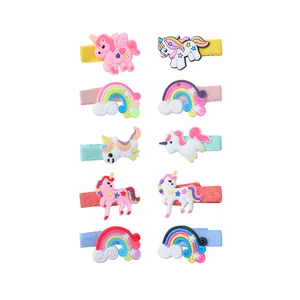 Set of 10 unicorn and rainbow children hair clips with colorful ribbed ribbon wrapping