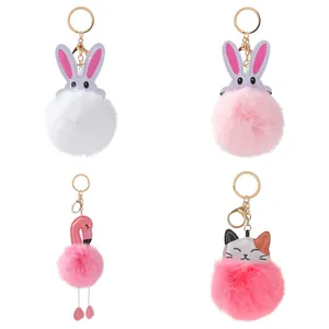 Süße Plüsch Tier-Bommel Schlüsselanhänger mit Kaninchen Flamingo und Katze Motiven auf Weiß