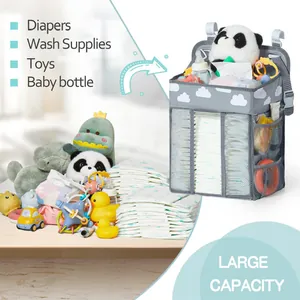 Detailed view of large capacity baby bedside diaper organizer with multiple storage pockets