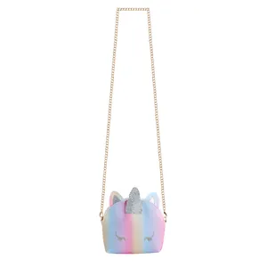 Glitter unicorn rainbow shoulder bag for kids with metallic chain and embroidery detail