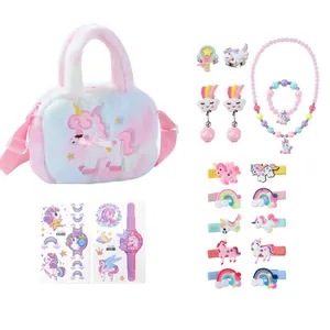 Kids Plush Unicorn Crossbody Bag Jewelry Set Rainbow Beaded Necklace Bracelet Rings Hair Clips Stickers Toy Gift For Girls