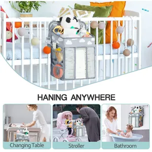 Multi-purpose nursery organizer with cloud pattern showing various hanging scenarios