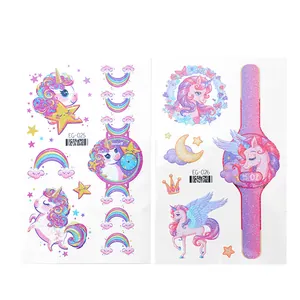 Glitter unicorn temporary tattoos for kids featuring rainbows and crowns, model EG-025 EG-026