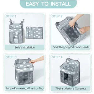 Detail guide showing diaper organizer assembly with white cloud pattern and mesh storage