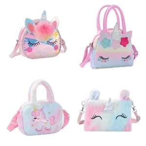 Kids unicorn handbag set with four styles including plush, holographic, and glitter designs