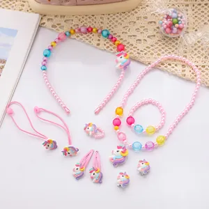 Set gioielli per bambini unicorno arcobaleno con perle rosa e accessori cartoni animati