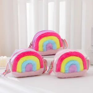 Rainbow plush kids crossbody bags with adjustable straps and glitter leather details