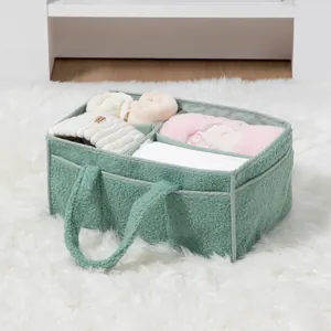 Close-up of sage green teddy fleece diaper caddy organizer with multi-compartment detail