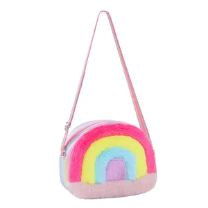 Plush rainbow round shoulder bag for kids with colorful striped strap and soft texture