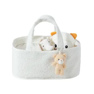 Weißer Teddy-Fleece Baby Aufbewahrungskorb mit Griffen und weichen Stofftieren
