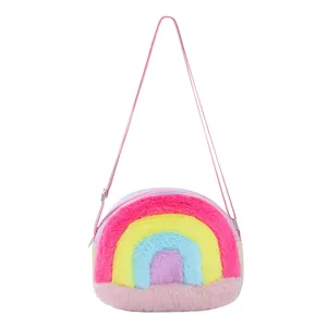 Kids Rainbow Plush Crossbody Bag Glitter Sequin Semi Circle Shoulder Bag With Adjustable Strap For Girls Cute Fashion Handbag