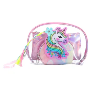 Detailed set of three unicorn cosmetic bags with transparent PVC and laser finish