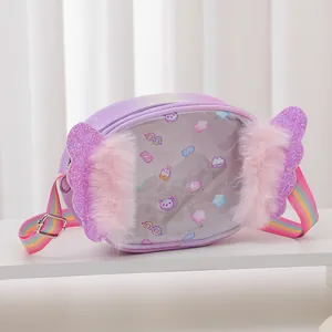 Kids purple shoulder bag with plush wings, rainbow strap and cute bear cartoon window