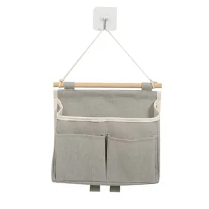 Wandmontierte Baumwolle Leinen Hängende Aufbewahrungstasche Mit 3 Taschen Holzstab Minimalistischer Organizer Für Schlafzimmer Bad