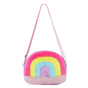 Close-up of colorful plush rainbow crossbody bag for kids with vibrant striped textures
