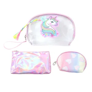 3-piece unicorn cosmetic bag set with clear PVC, rainbow tassels and holographic finish