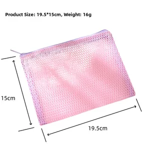 Trousse à maquillage en maille rose, dimensions 19,5x15cm, poids 16g avec fermeture