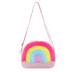 Detailed view of the soft rainbow plush fabric and adjustable shoulder strap on the bag