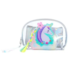 Detail of unicorn 3-in-1 pouch set with transparent PVC bag and laser sequin flower charm